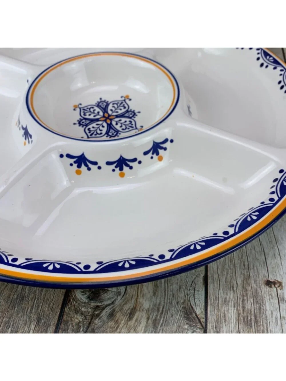World Market  Stoneware Cream Gold Cobalt Blue Section Veggie Serving 16
